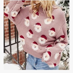 NWOT Cozy & Chic Light Pink Fuzzy Santa Christmas Sweater Knit Pullover, Size L